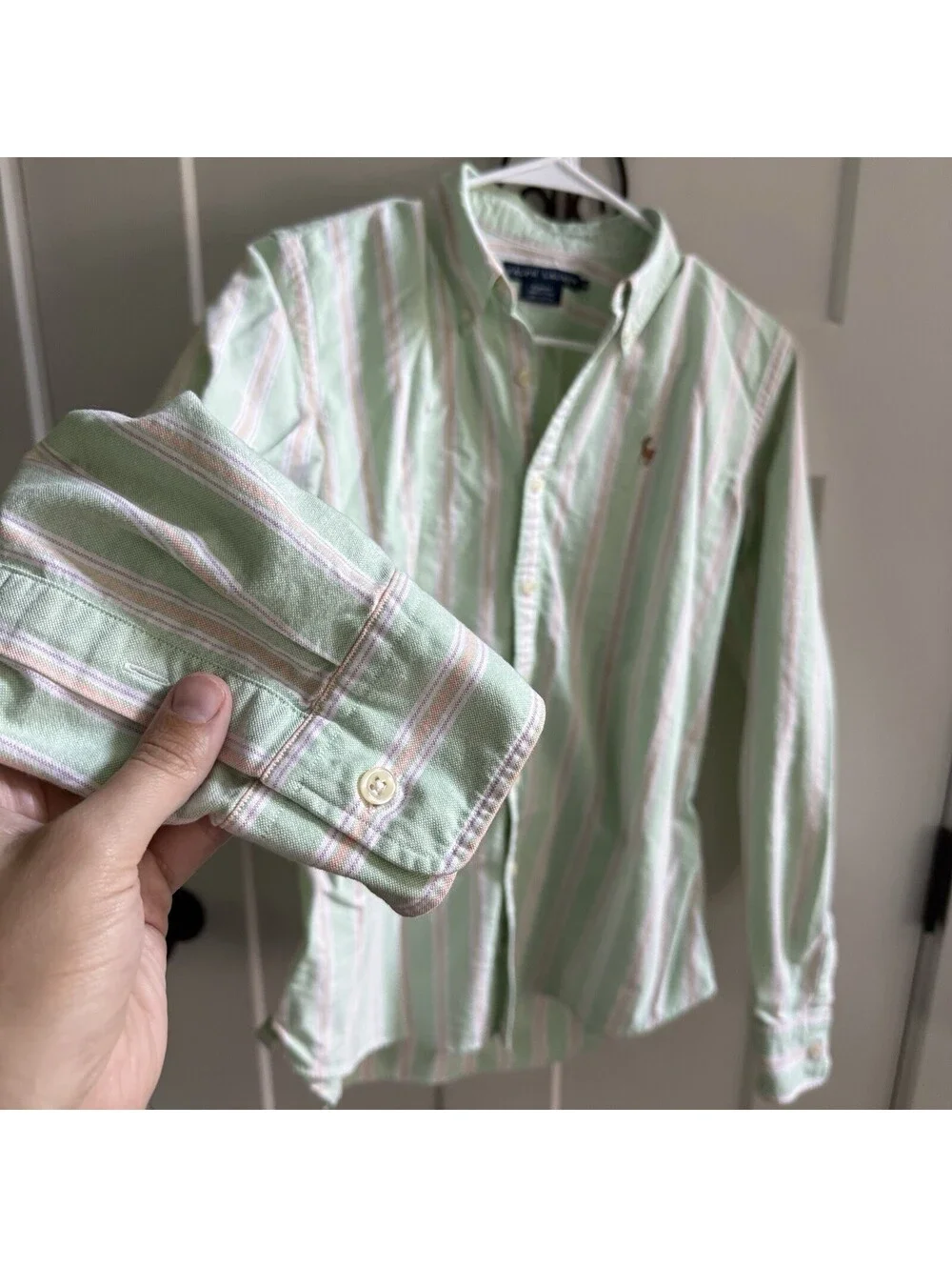 Ralph Lauren Womens 12 Slim Fit Green Striped Oxford Shirt Pony Button Down
